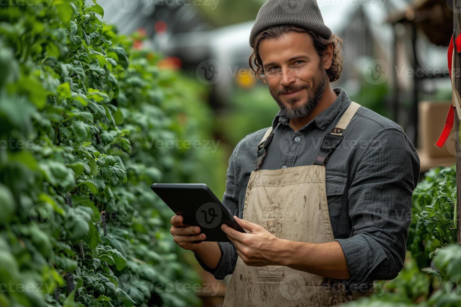a farmer using a tablet to monitor crops in a modern greenhouse photo