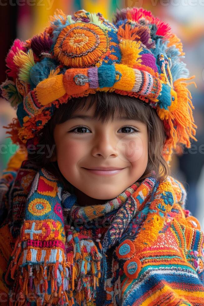 children dressed in traditional Andean clothing, smiling and playing during an Inti Raymi celebration, colorful banners and festive decorations in the background, soft daylight photo
