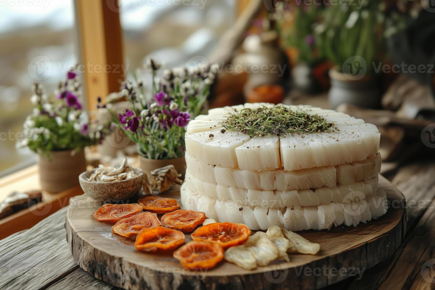 Greenlandic mattak, whale skin with blubber, arranged on a wooden plate, accompanied by small slices of dried fish, served with traditional Arctic decorations in the background photo