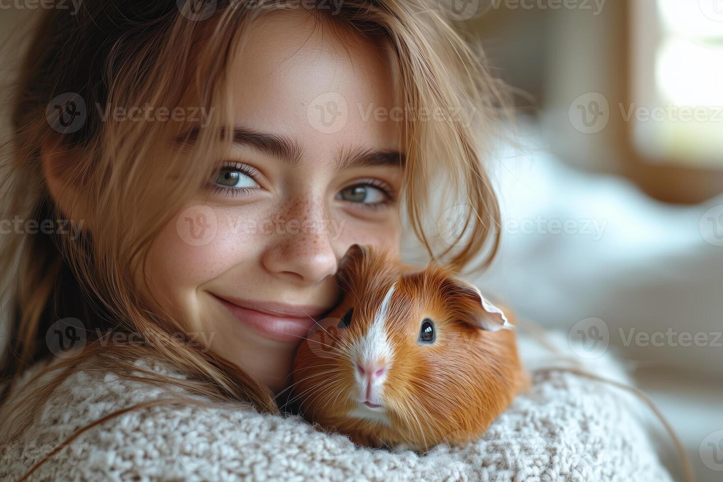 A teenager holds a guinea pig close to her chest, feeling contentment and affection in a cozy bedroom photo