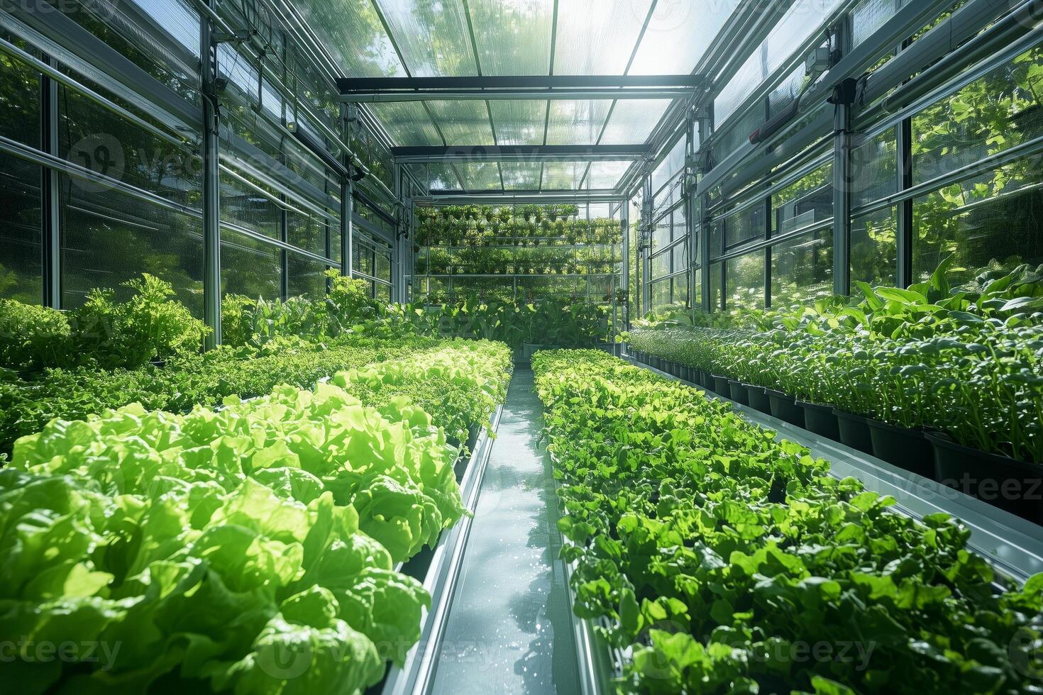 a modern hydroponic greenhouse with rows of lush green lettuce growing in nutrient rich water systems photo