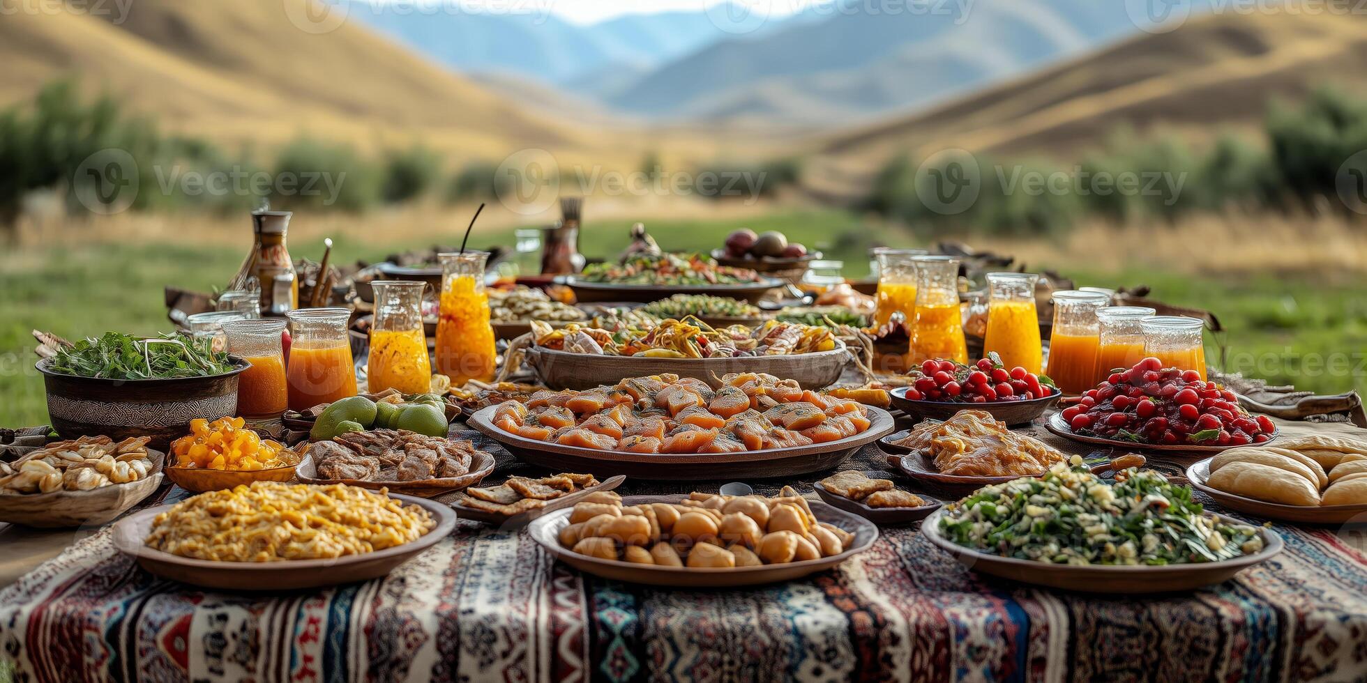 a Naadam feast table set outdoors, showcasing traditional Mongolian dishes and drinks, festive decorations in the background photo