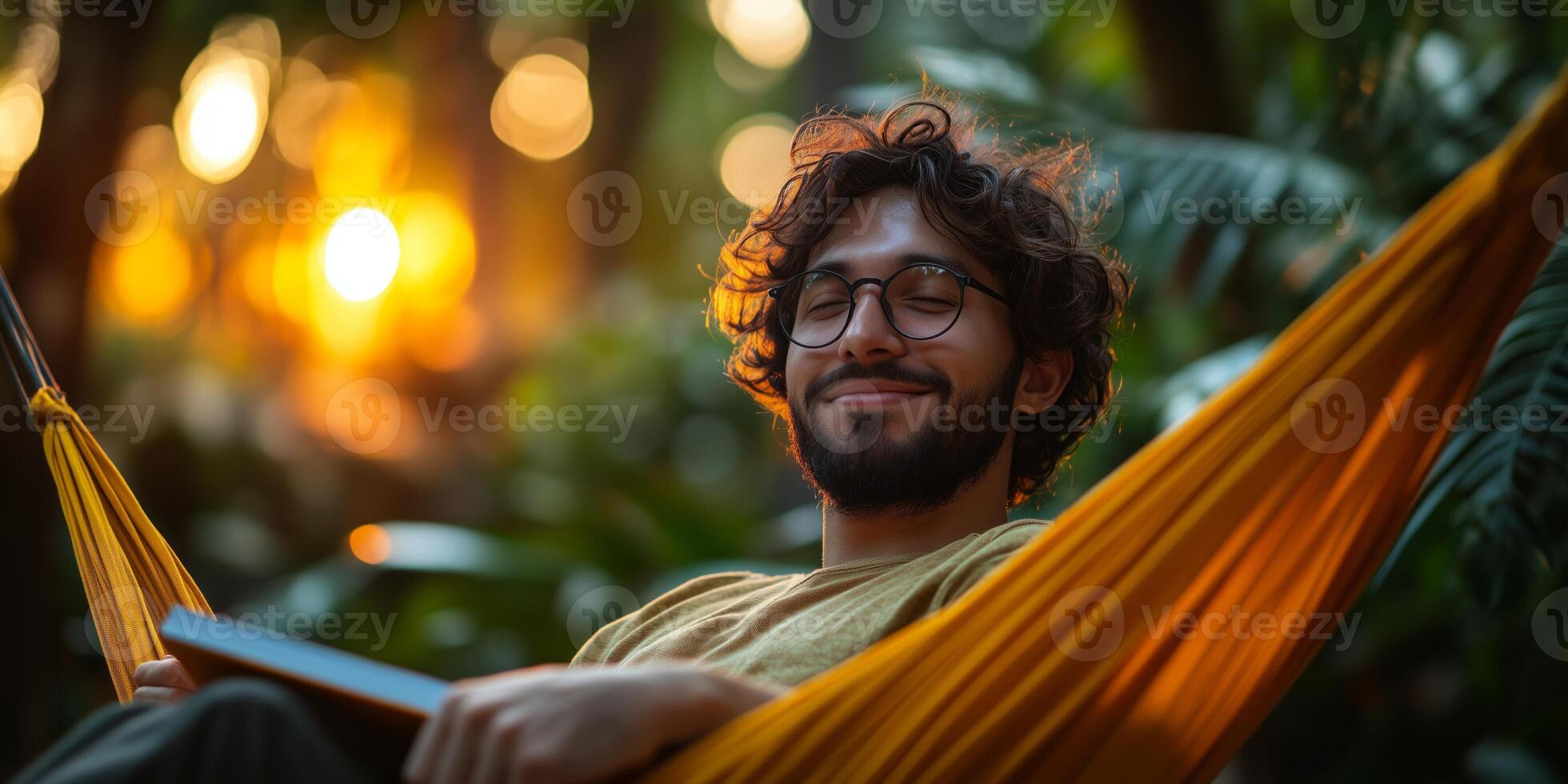 a young entrepreneur writing in a notebook while sitting in a hammock chair at an outdoor coworking zone, surrounded by greenery, blank right side for text, warm evening light photo