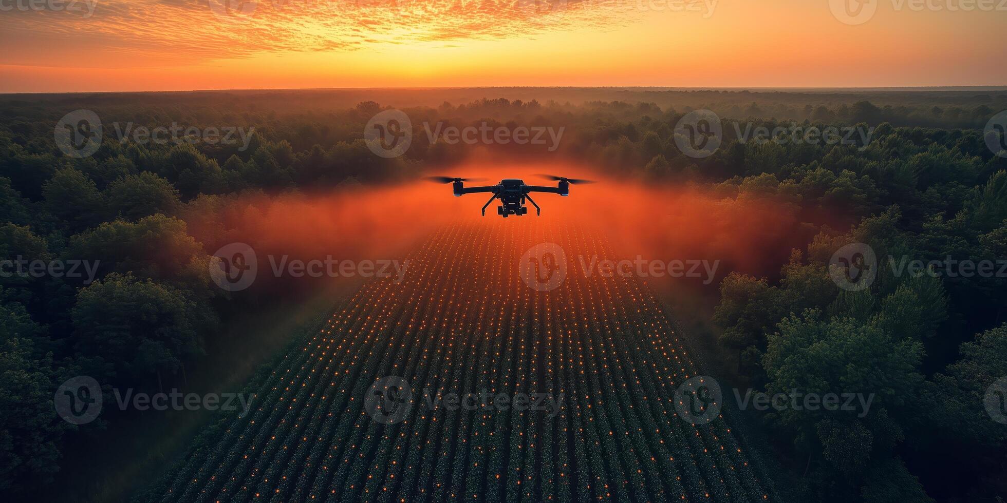 a drone flying low over a field, spraying crops with fertilizer, open landscape with blank right side for copy space, bright daylight photo