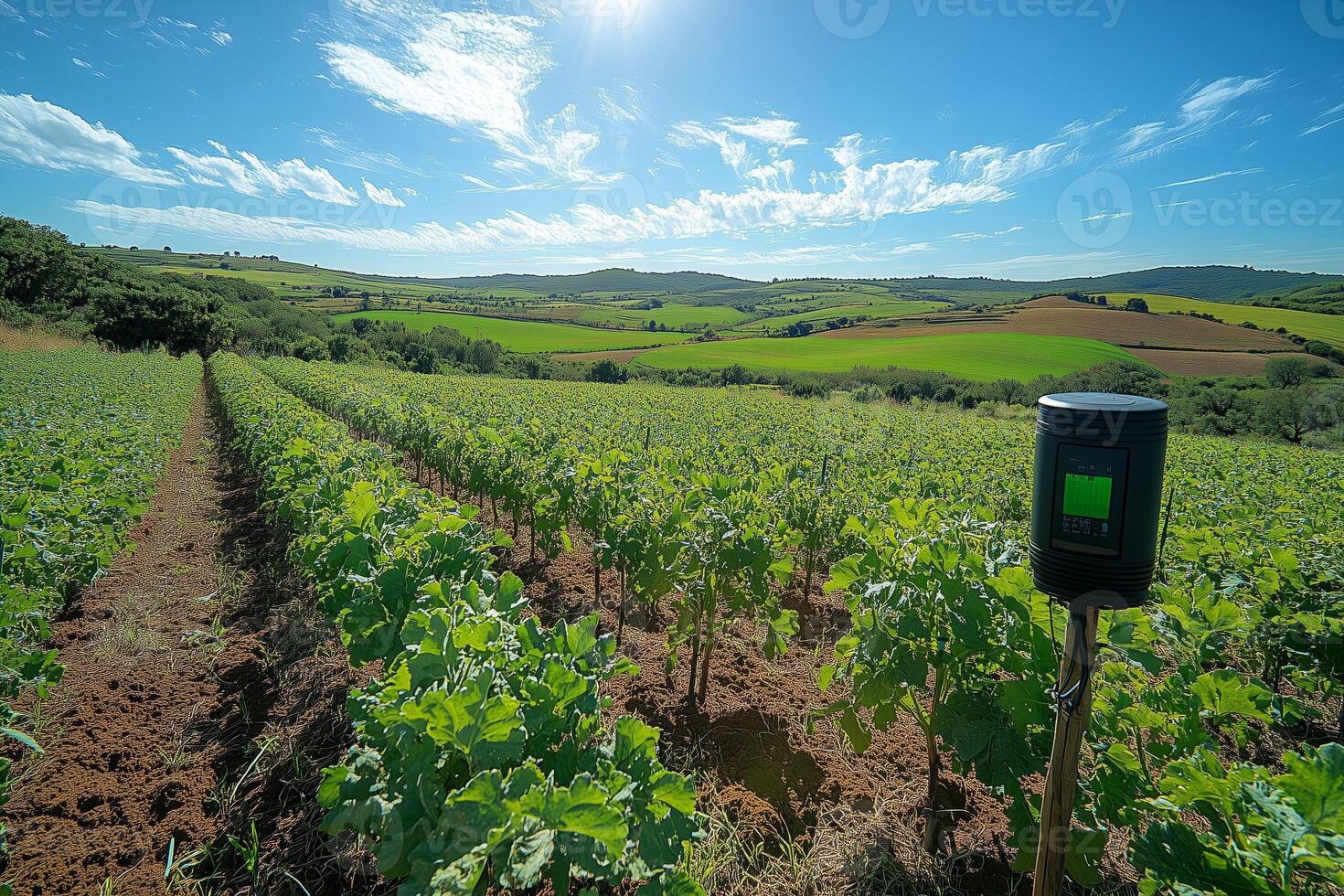 a modern farm with IoT devices attached to crops, monitoring soil moisture and temperature, expansive farmland under a clear blue sky photo