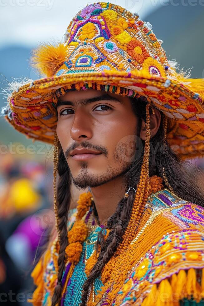 Inti Raymi costumes, focusing on the golden details, embroidery, and textures, worn by a performer with a blurred crowd in the background photo