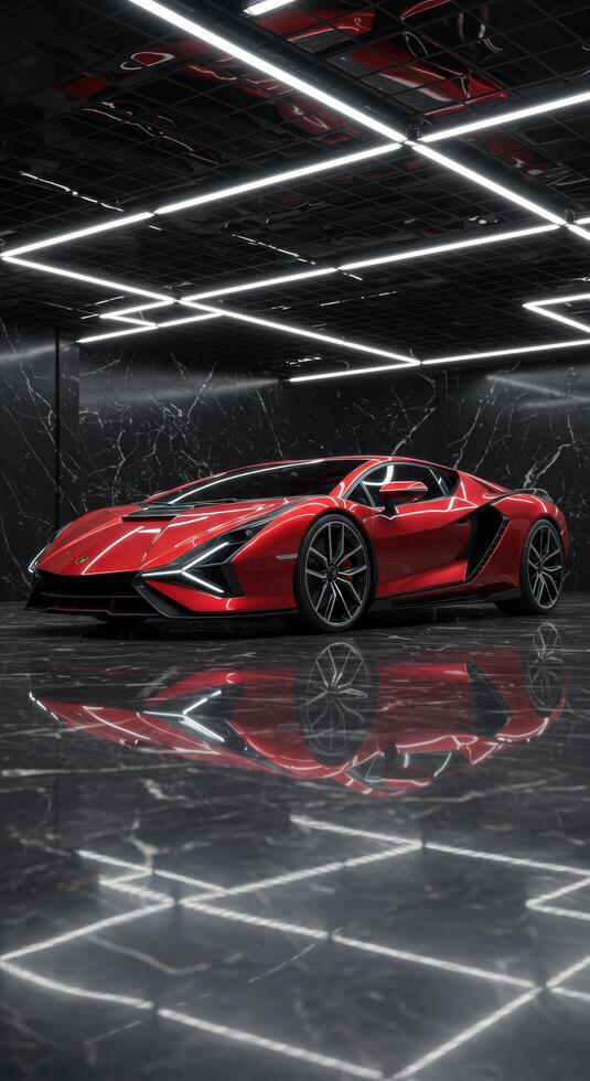 Sleek Red Supercar in Modern Garage Luxury Automotive Photography photo