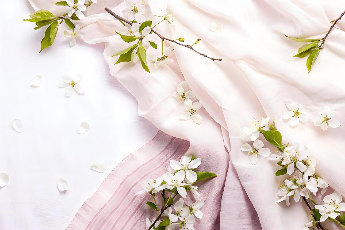 Delicate floral composition with pastel fabric and blooming cherry branches photo