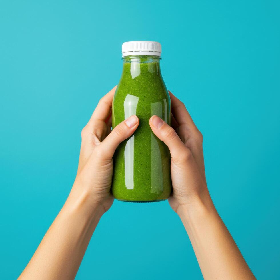 Hands presenting a bottle of vibrant green smoothie against a cyan backdrop photo