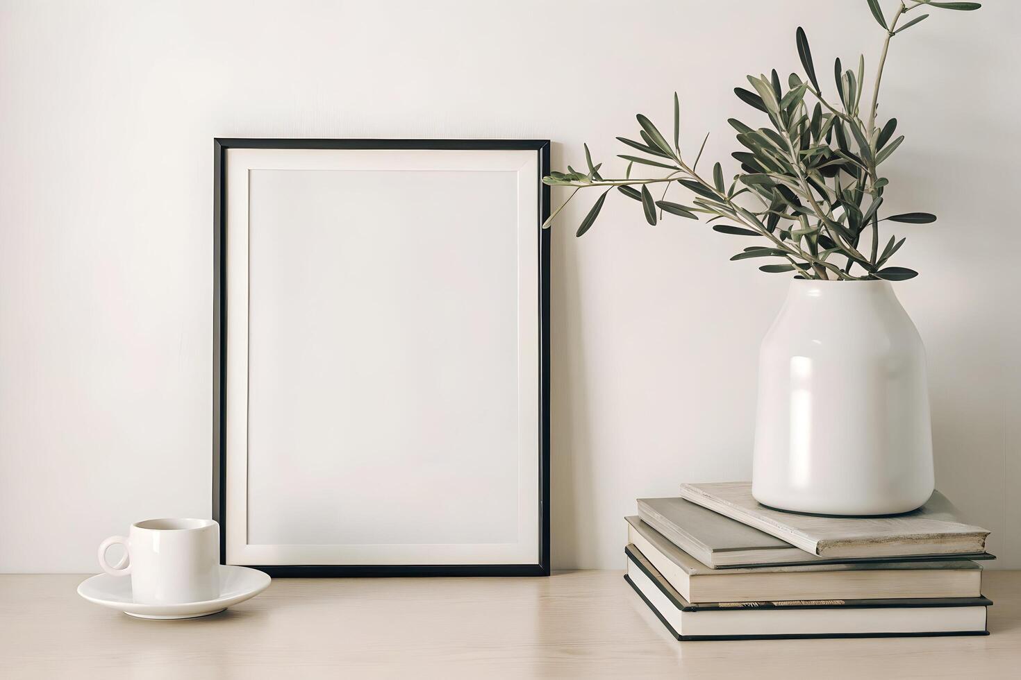 Minimalist decorative frame mockup with plant, books, and coffee elements photo
