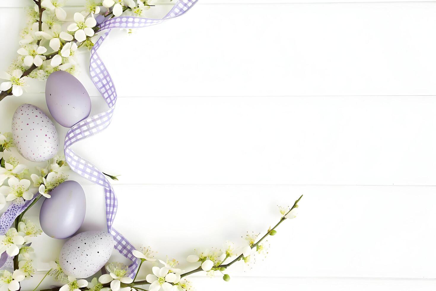 Elegant Easter still life with pastel eggs, blossoms, and checkered ribbon photo