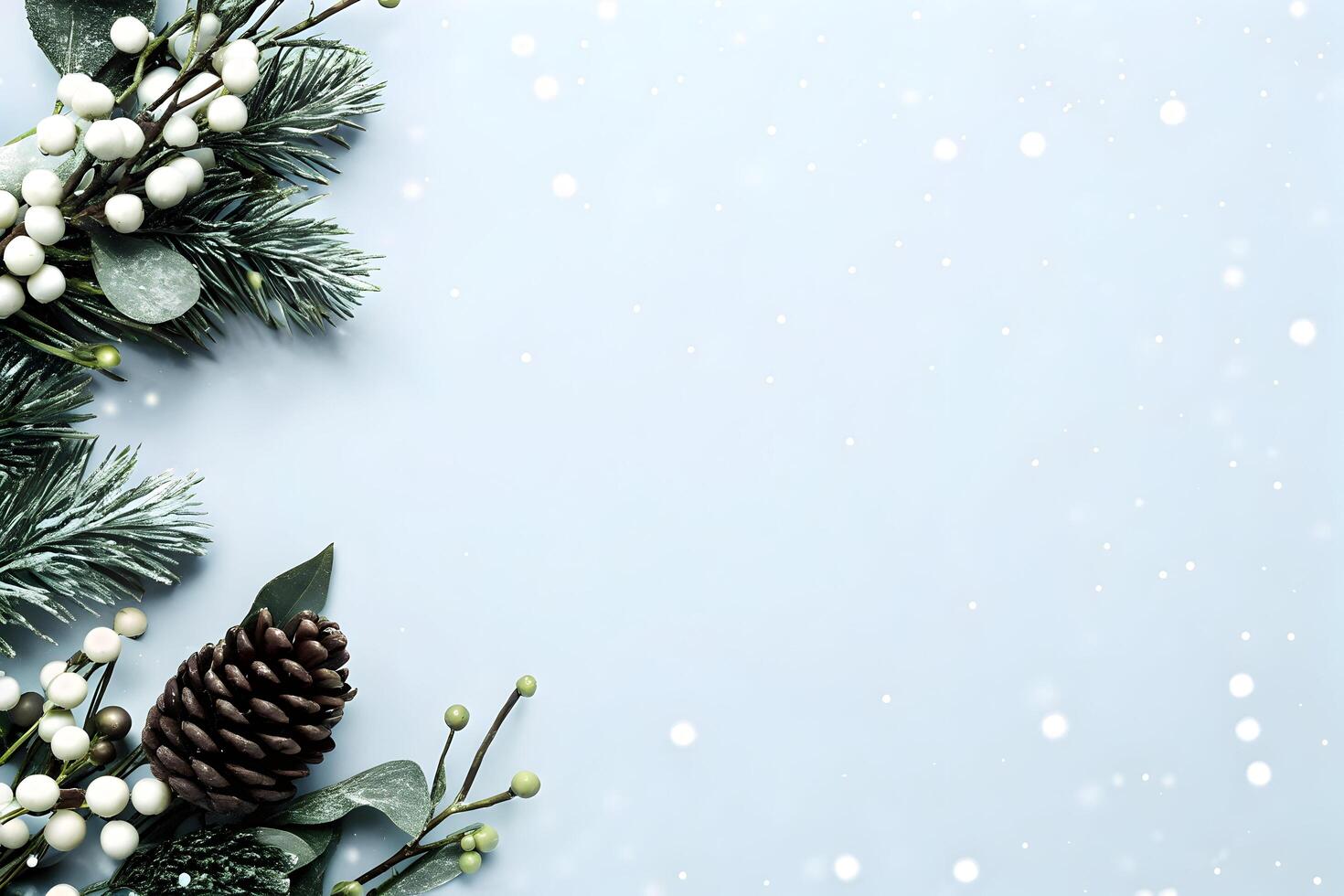 Delicate winter foliage composition on a soft blue background with snowfall photo