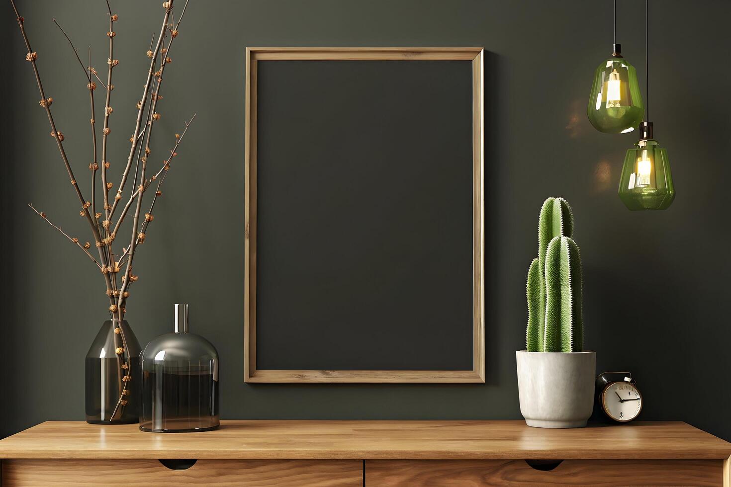 Elegant home interior showcasing a blank framed canvas and minimalist design elements photo