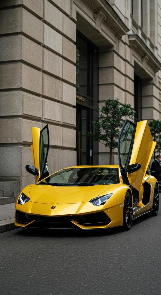 Stunning Yellow Supercar Parked in City Street photo