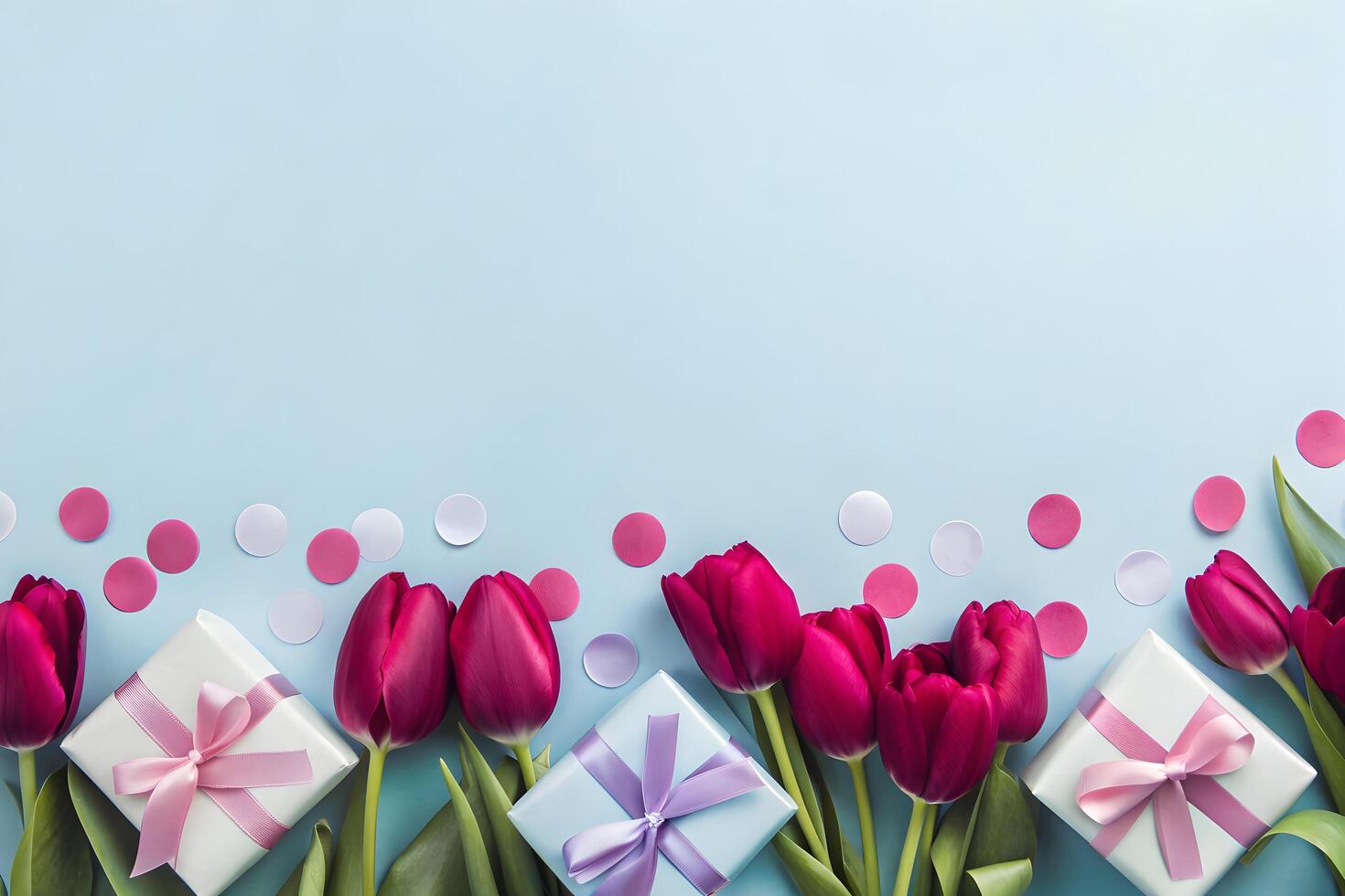 Festive tulip display with gifts and confetti on pastel blue backdrop photo