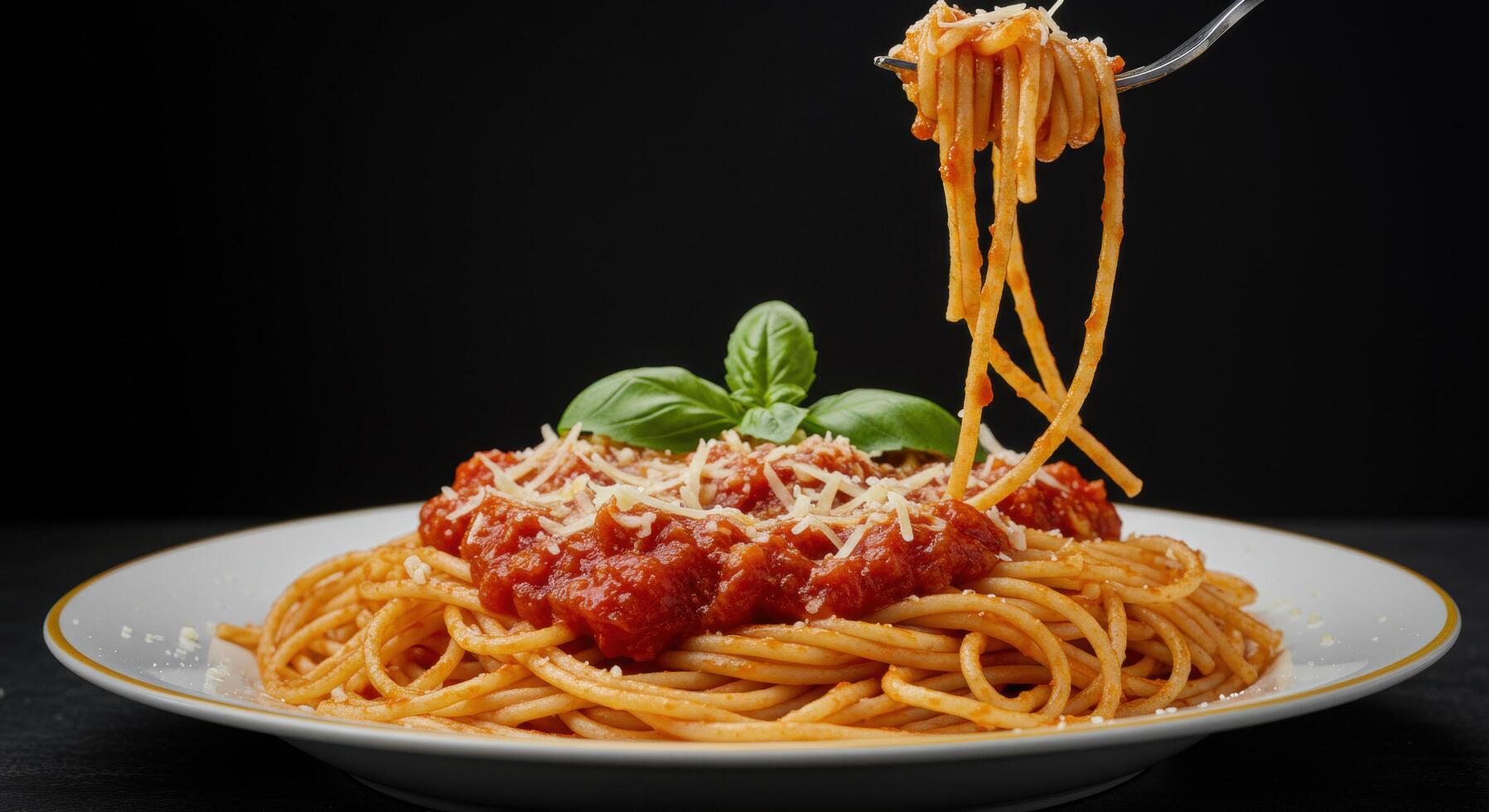 Classic Spaghetti with Tomato Sauce, Parmesan, and Basil on a Black Backdrop photo