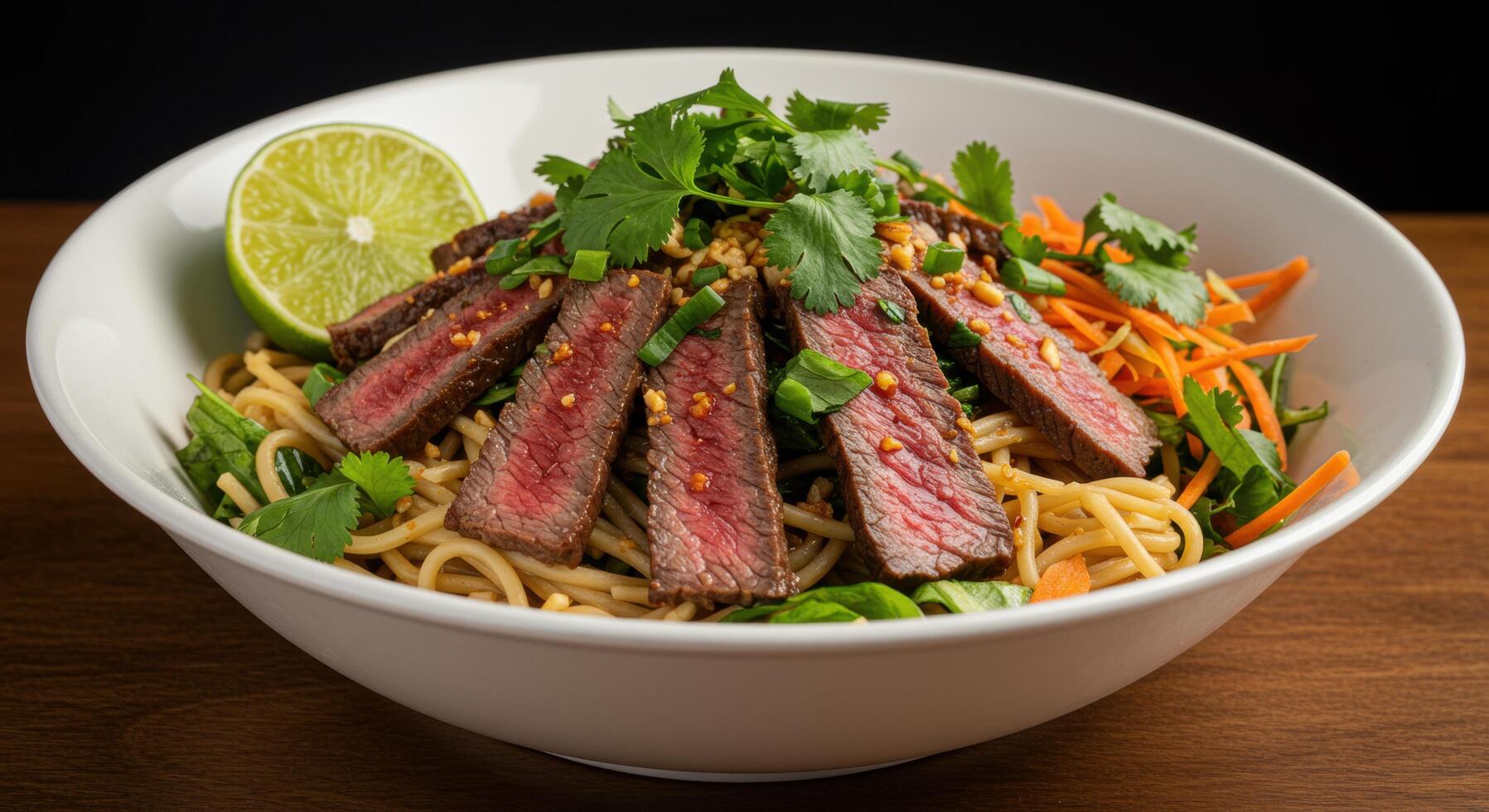 Exquisite beef noodle salad with fresh cilantro and lime in a white bowl photo