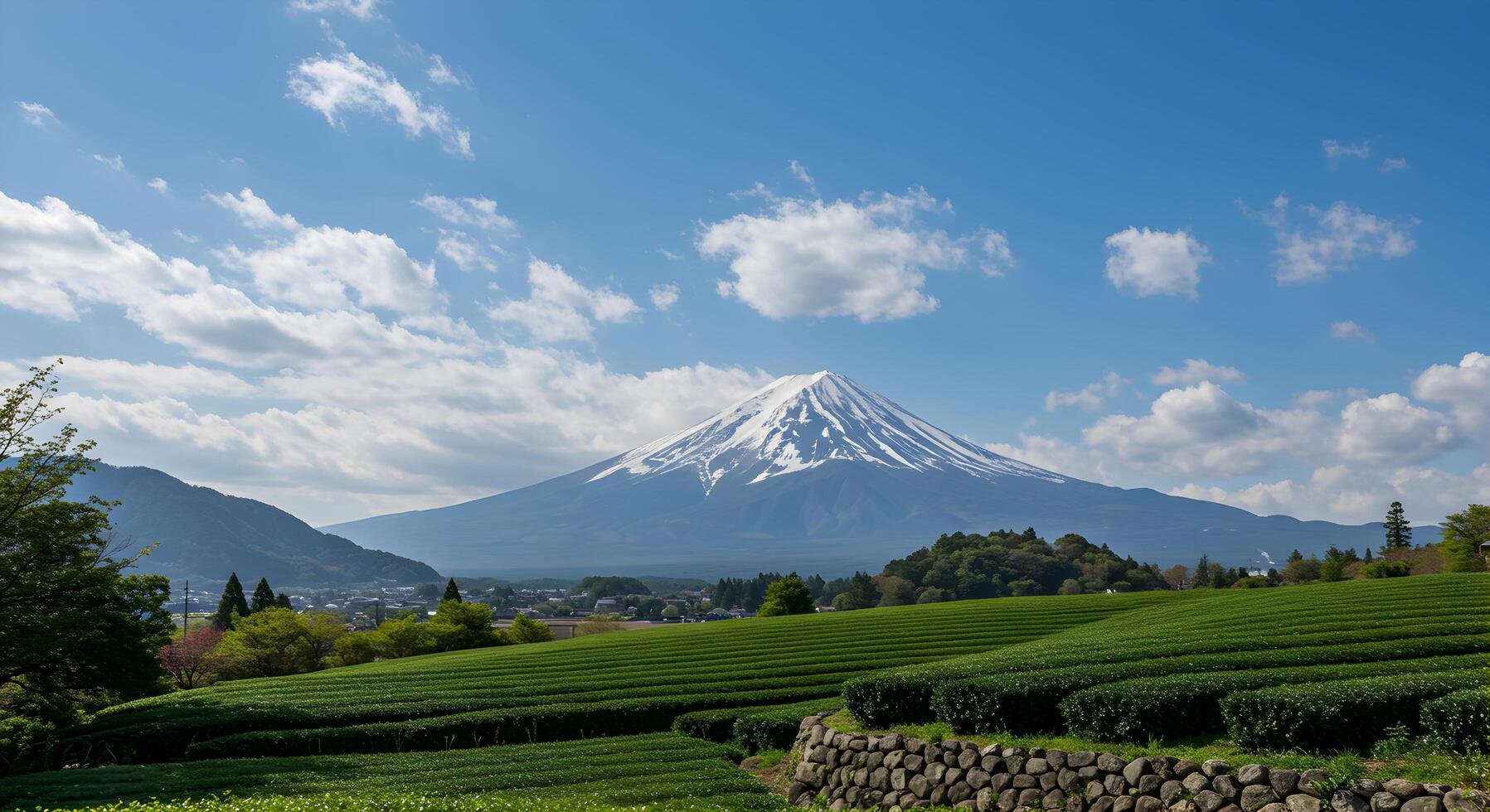 Mount Fuji with green tea fields in Shizuoka prefecture during springtime photo