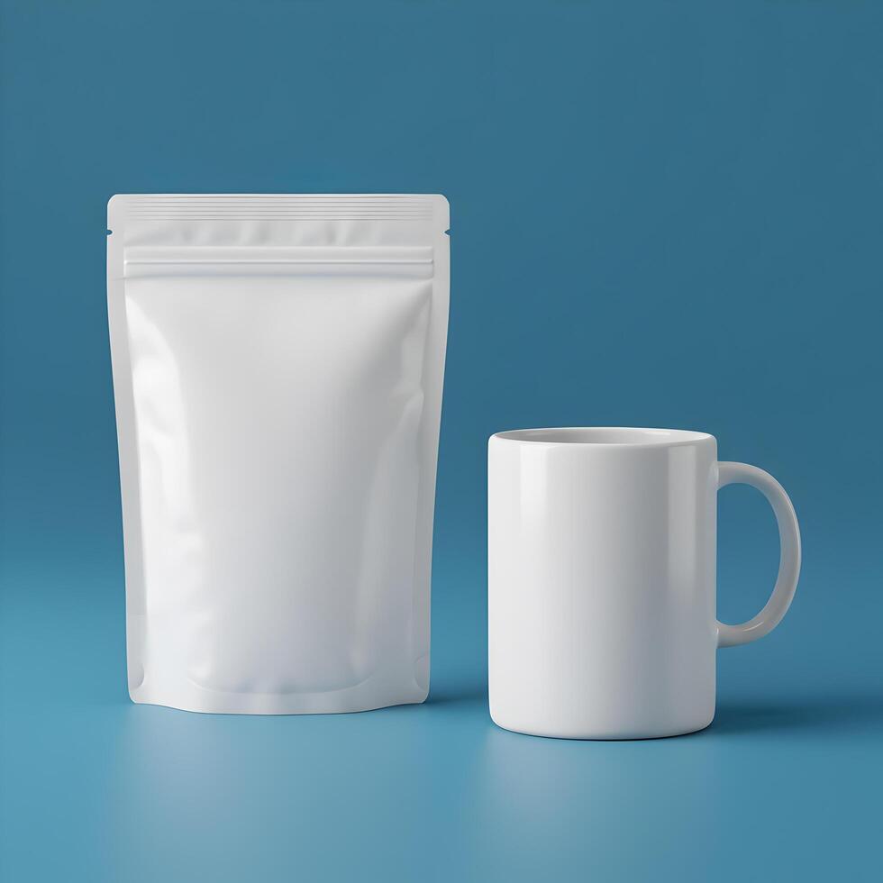 Minimalist product presentation a pristine pouch and mug against a calming backdrop photo