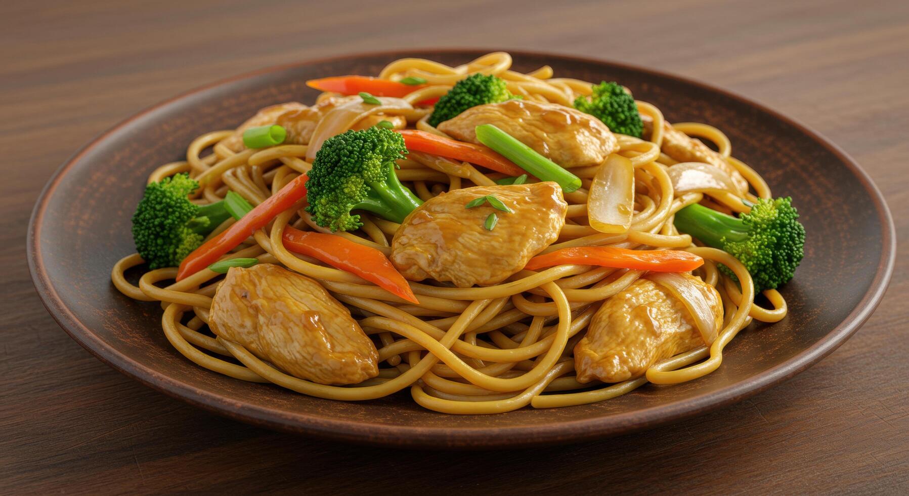 Delicious Chicken Stir-Fry Noodles with Broccoli and Carrots on Rustic Plate photo