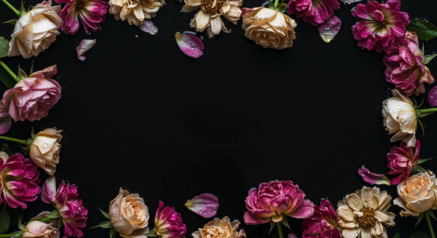 A black background with flowers arranged in a circle photo