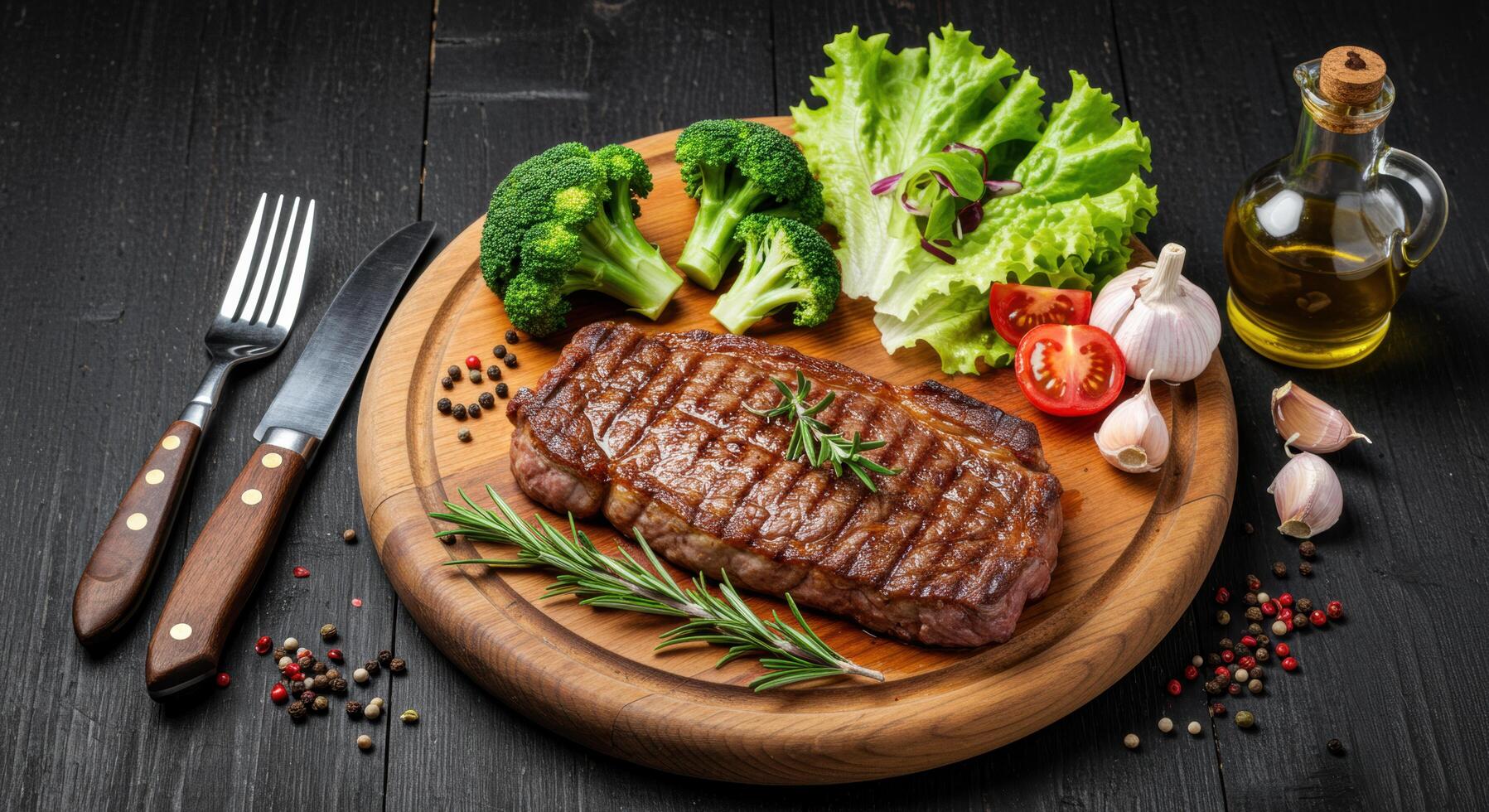 Exquisite grilled steak presentation on rustic wooden platter with fresh vegetables photo