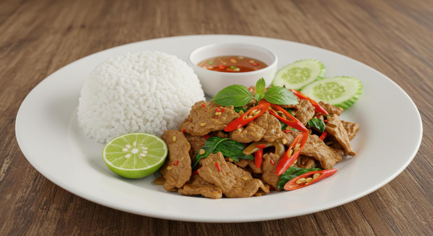 Savory basil stir-fry with plant-based meat, fluffy rice and zesty lime accompaniment photo
