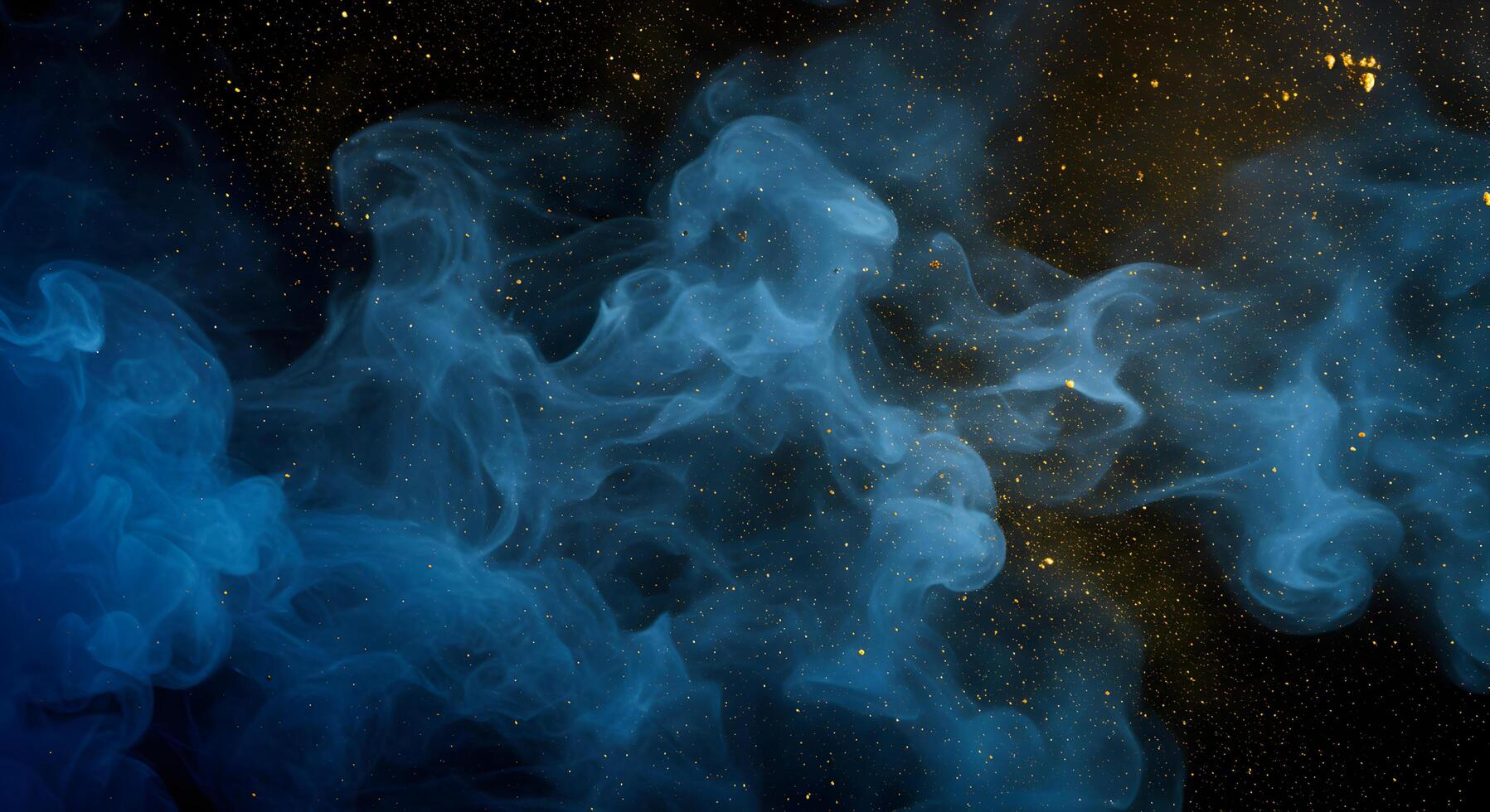 Nebulaesque blue ink clouds and golden particles creating cosmic backdrop photo