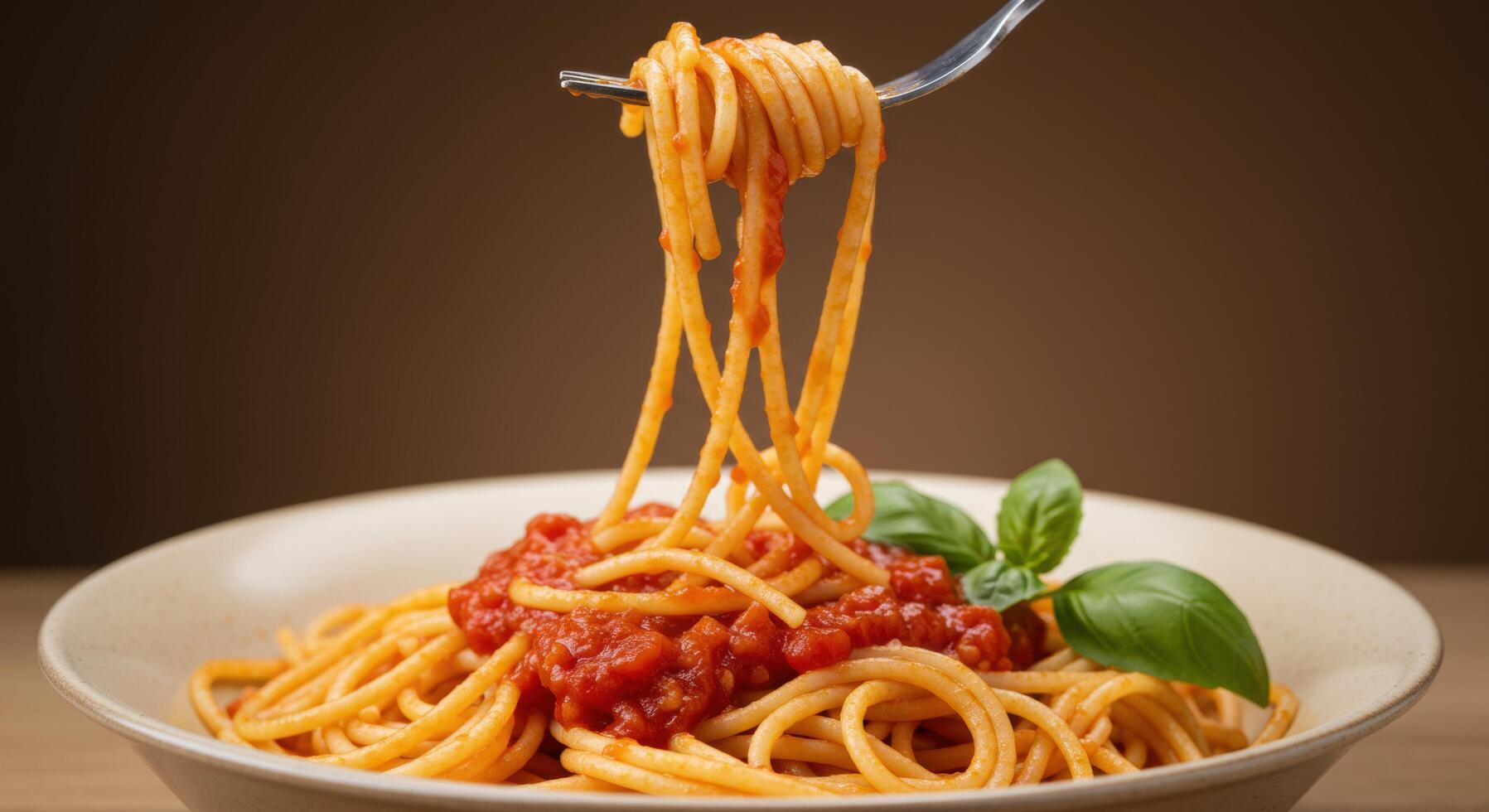Delicious spaghetti with fresh tomato sauce and basil on a plate ready to eat photo