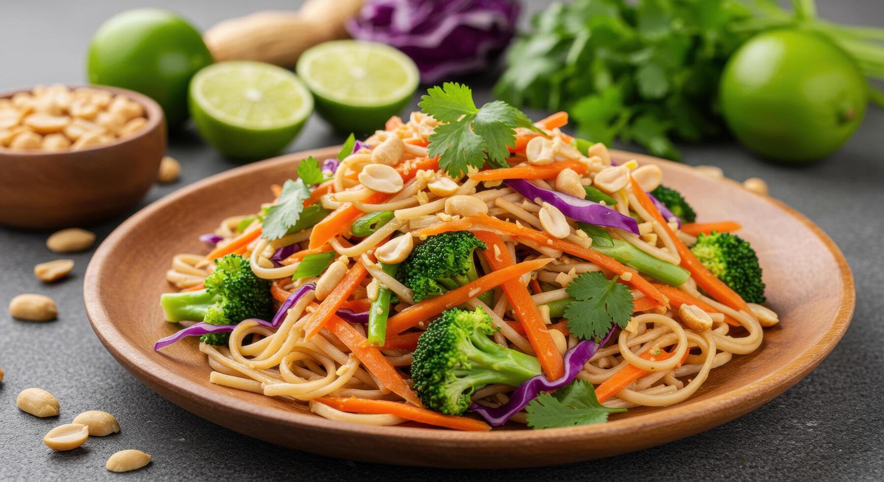 Colorful Vegetable Noodle Dish Topped with Peanuts and Fresh Cilantro photo