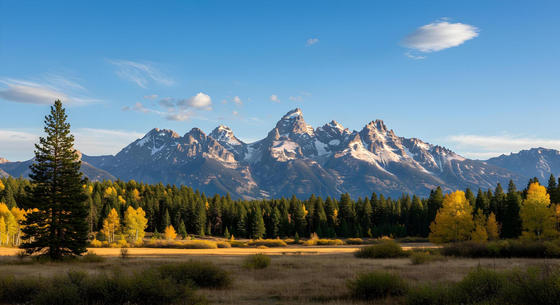 Panoramic view of the Grand Teton mountain range during autumn season landscape photo