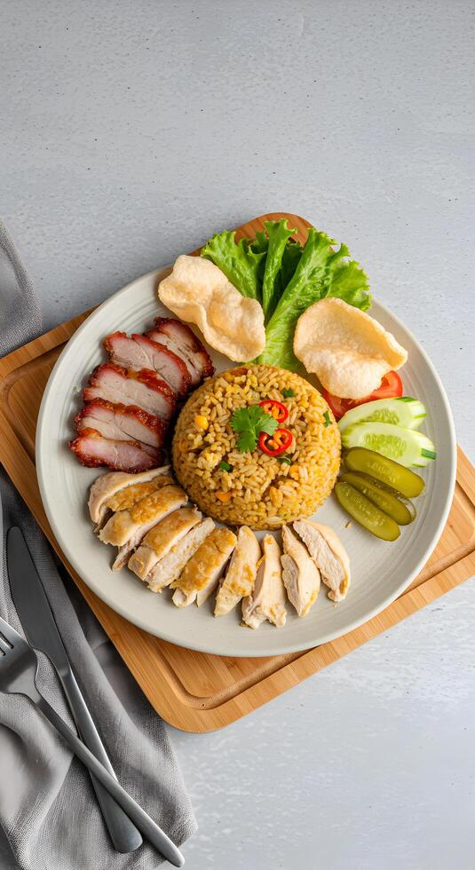 Delicious Asian Fried Rice Platter with Chicken, Pork, and Crispy Crackers photo