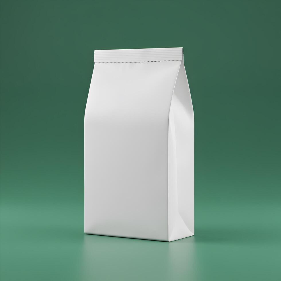 Minimalist white paper bag mockup against a solid green backdrop showcasing packaging potential photo