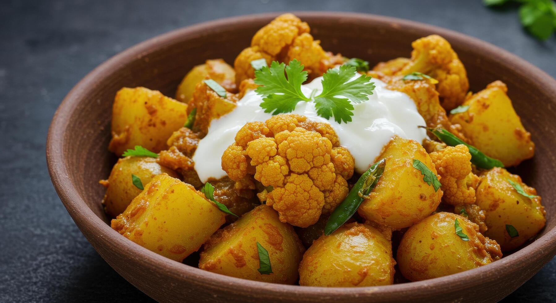 Indian aloo gobi dish with golden cauliflower and potato in a bowl photo