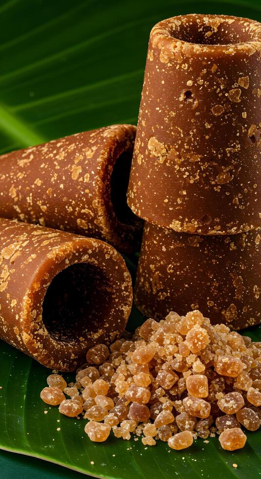 Delicious Palm Sugar Cubes and Crystals on Green Leaf Background, Sweetener, Healthy, Natural, Organic photo