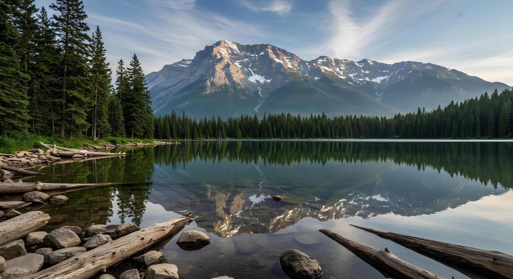Serene alpine lake with mountain reflection and forest scenery at sunrise photo