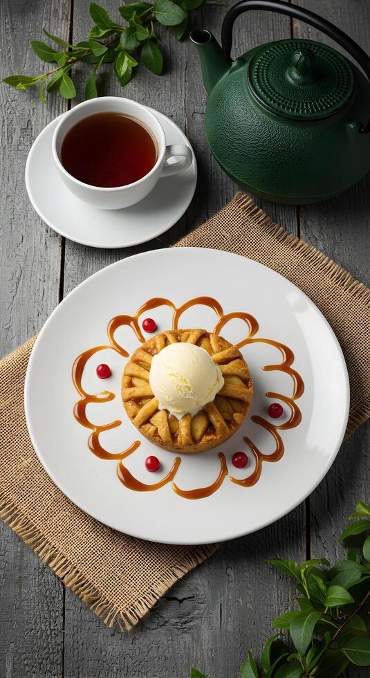 Delicious Apple Tart Dessert with Vanilla Ice Cream and Caramel Sauce served with Tea photo