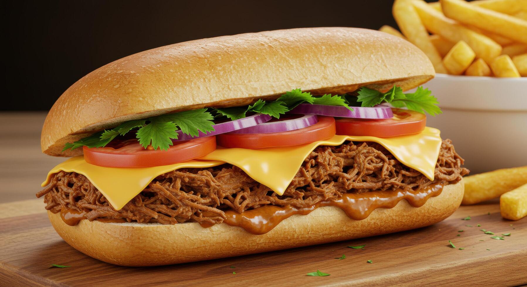 Delicious pulled pork sandwich featuring fresh toppings and golden french fries photo