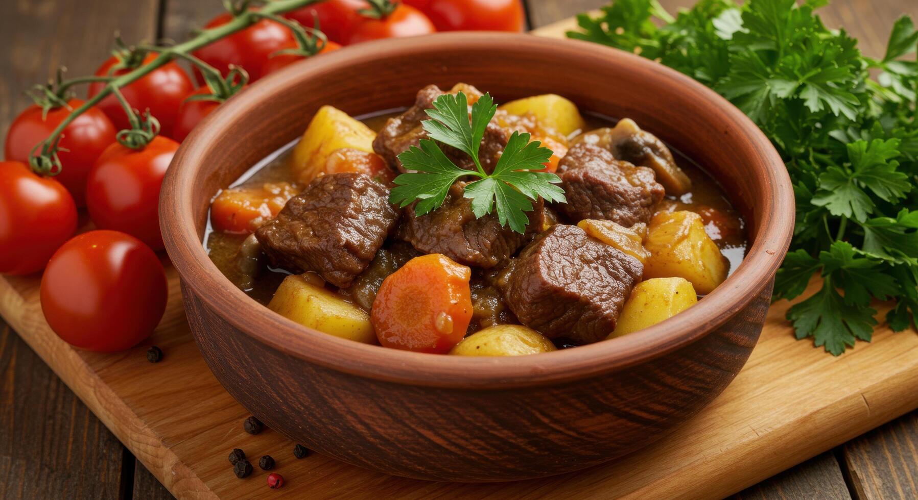 Rustic beef stew simmered with root vegetables, adorned with fresh parsley photo