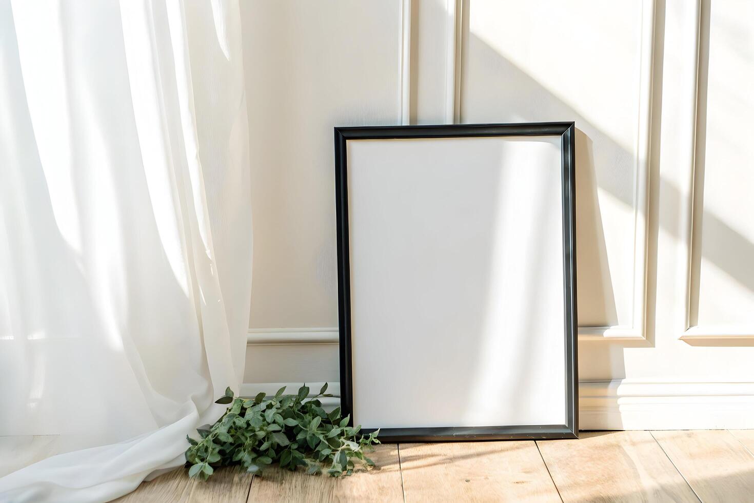 Elegant photo frame mockup with sheer curtain and leafy sprig, classic style