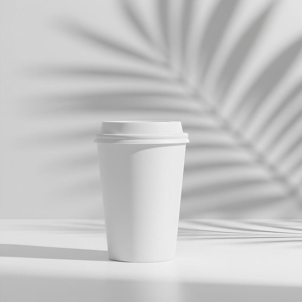 Minimalist white coffee cup presenting simple elegance with tropical shadow effect photo