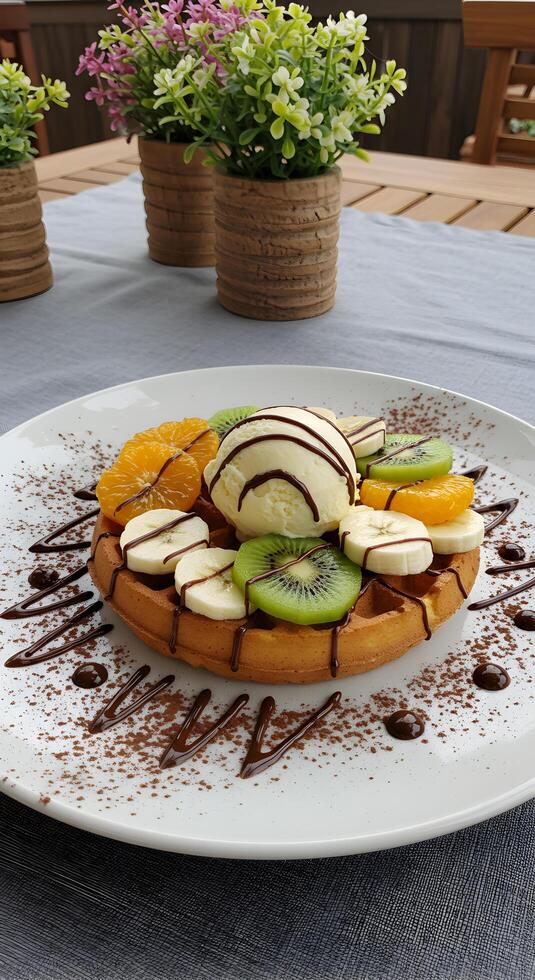 Delicious waffle topped with vanilla ice cream, fresh kiwi, banana, and orange slices drizzled with chocolate sauce photo