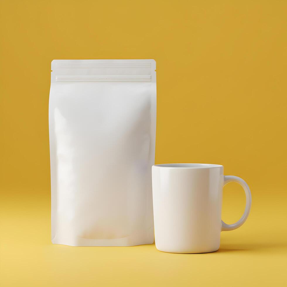 Elegant display featuring a white coffee bag and mug on vibrant background photo