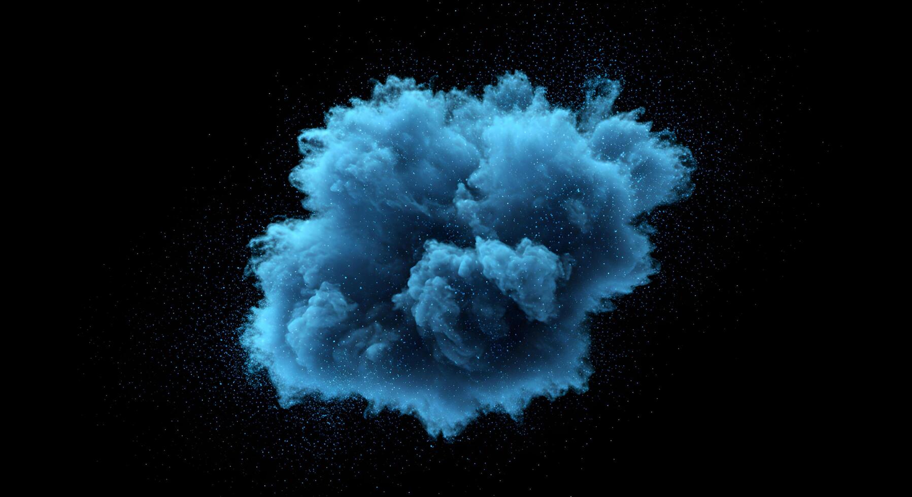 Dramatic cyan powder explosion against black backdrop for artistic expression photo