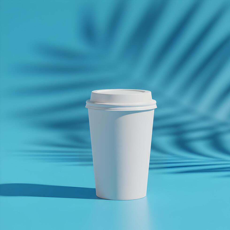 Minimalist coffee cup presentation against vivid blue backdrop with foliage shadow photo