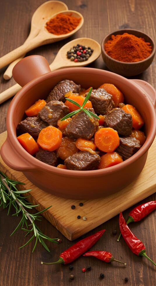 Savory Beef Stew with Carrots Recipe in Rustic Earthenware Bowl photo
