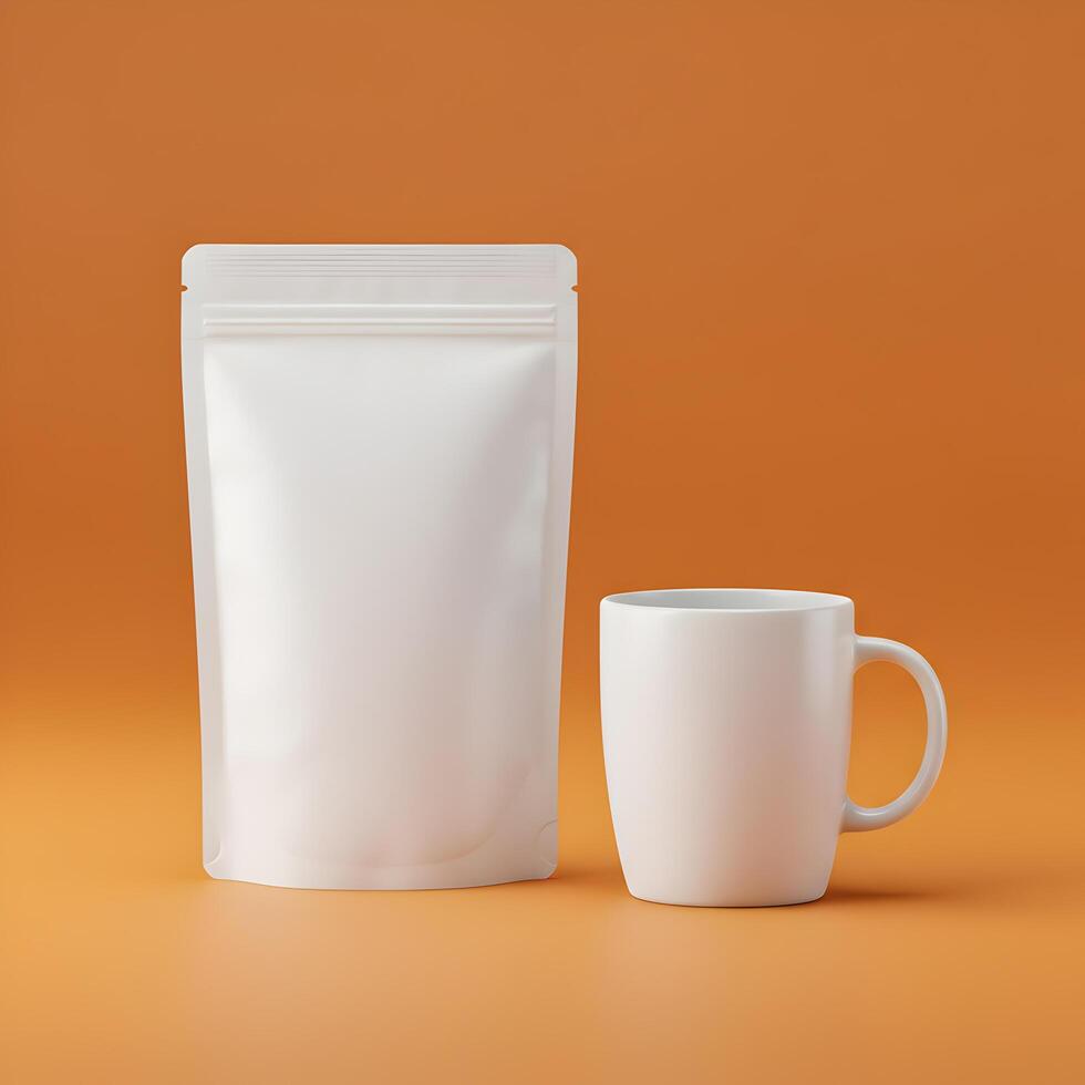 Minimalist Presentation White Pouch Packaging and Ceramic Mug Still Life photo