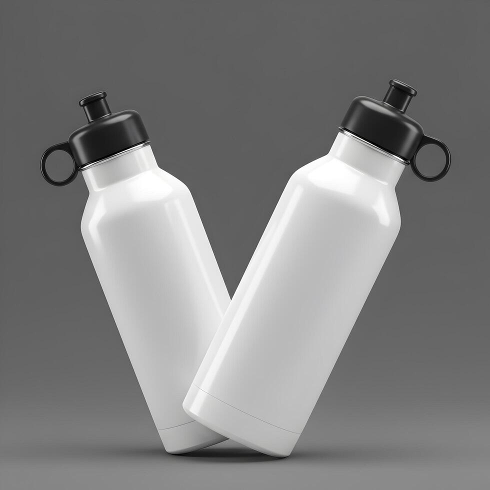 Minimalistic shot of two white sports bottles with black caps on plain background photo