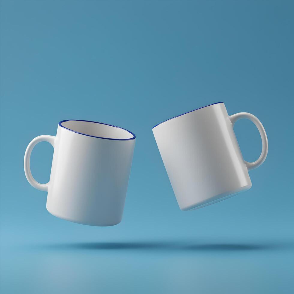 Minimalist floating mugs arrangement in a serene light blue studio environment photo