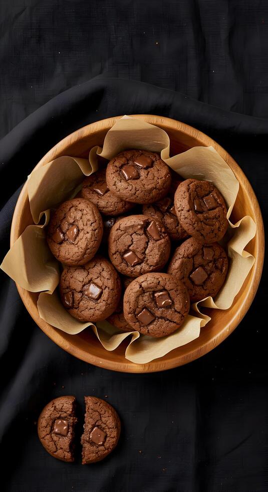 Delicious Double Chocolate Chunk Cookies in Wooden Bowl Baking Sweet Treats Dessert Recipe Food Photography photo